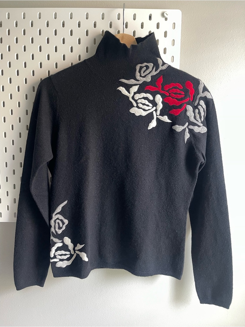 Vintage Carlisle Black Sweater with Red & Gray Floral Appliqué Wearable Art